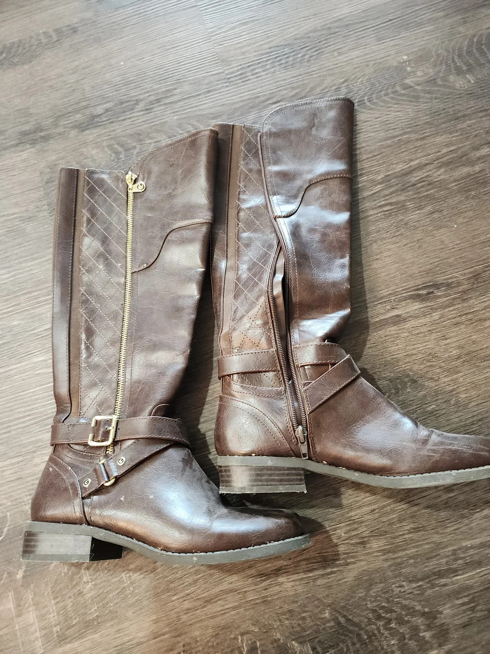 Guess Brown Over-the-Knee Quilted Riding Boots with Gold Zip